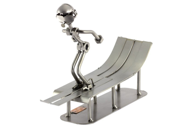 A photo of a Steelman Ski Jumper about to make the jump metal art figurine